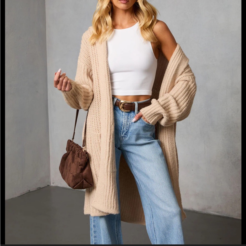 Vici | Cream slouchy chunky front pockets oversized long knit cardigan sweater